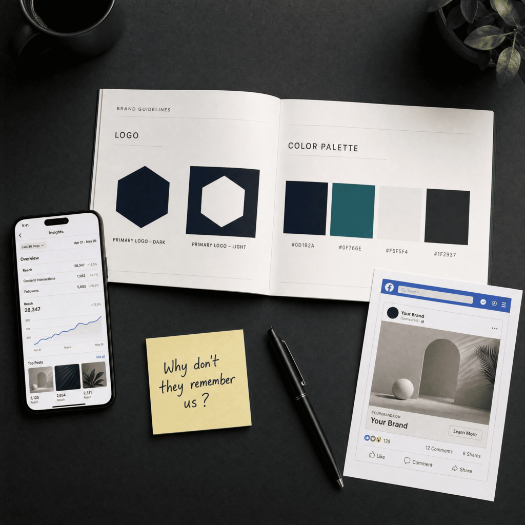 Flat lay showing brand guidelines booklet with logo and color palette, a smartphone displaying social media insights, and a Facebook ad mockup with a sticky note reading "Why don't they remember us?"