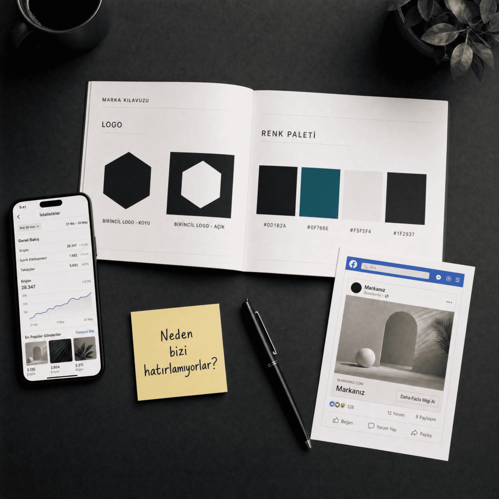 Flat lay showing brand guidelines booklet with logo and color palette, a smartphone displaying social media insights, and a Facebook ad mockup with a sticky note reading "Why don't they remember us?"