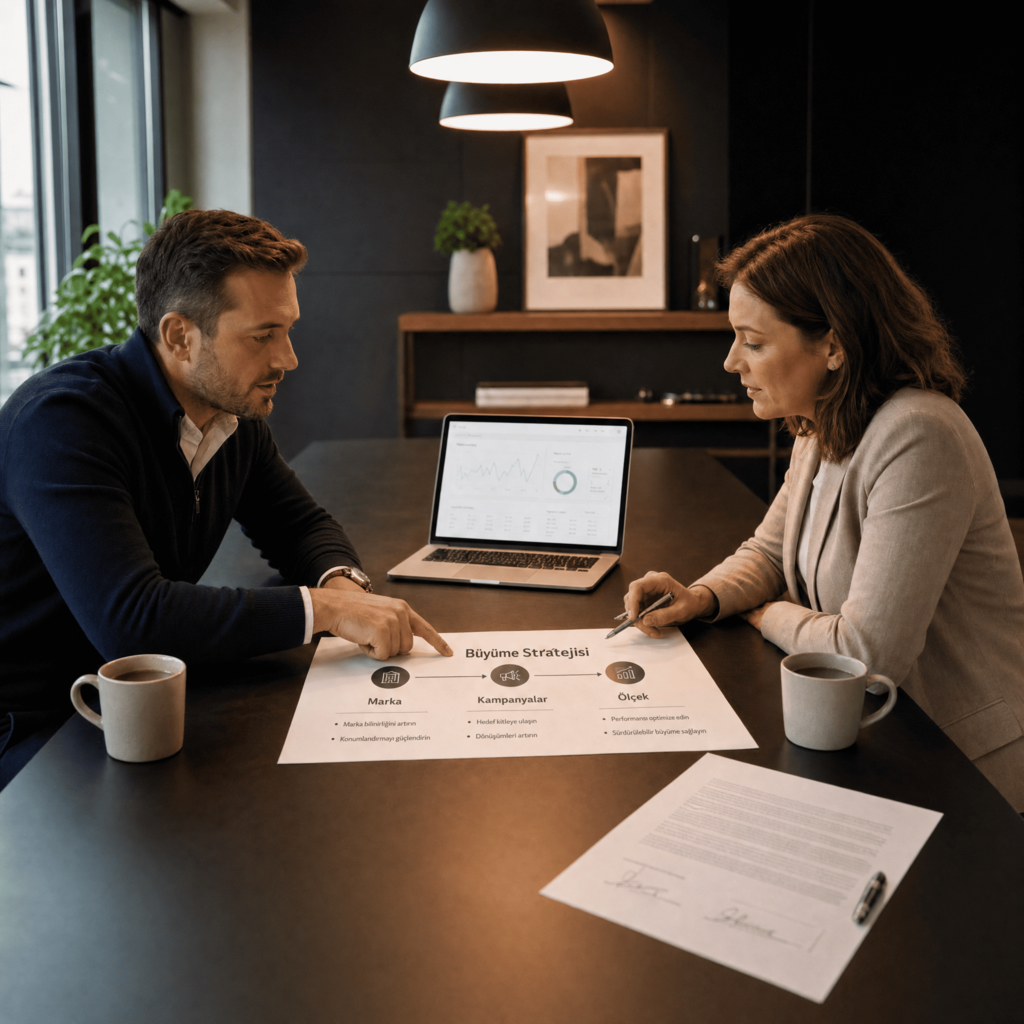 Two professionals reviewing a custom Growth Strategy document with Brand, Campaigns and Scale phases during a strategic consultation