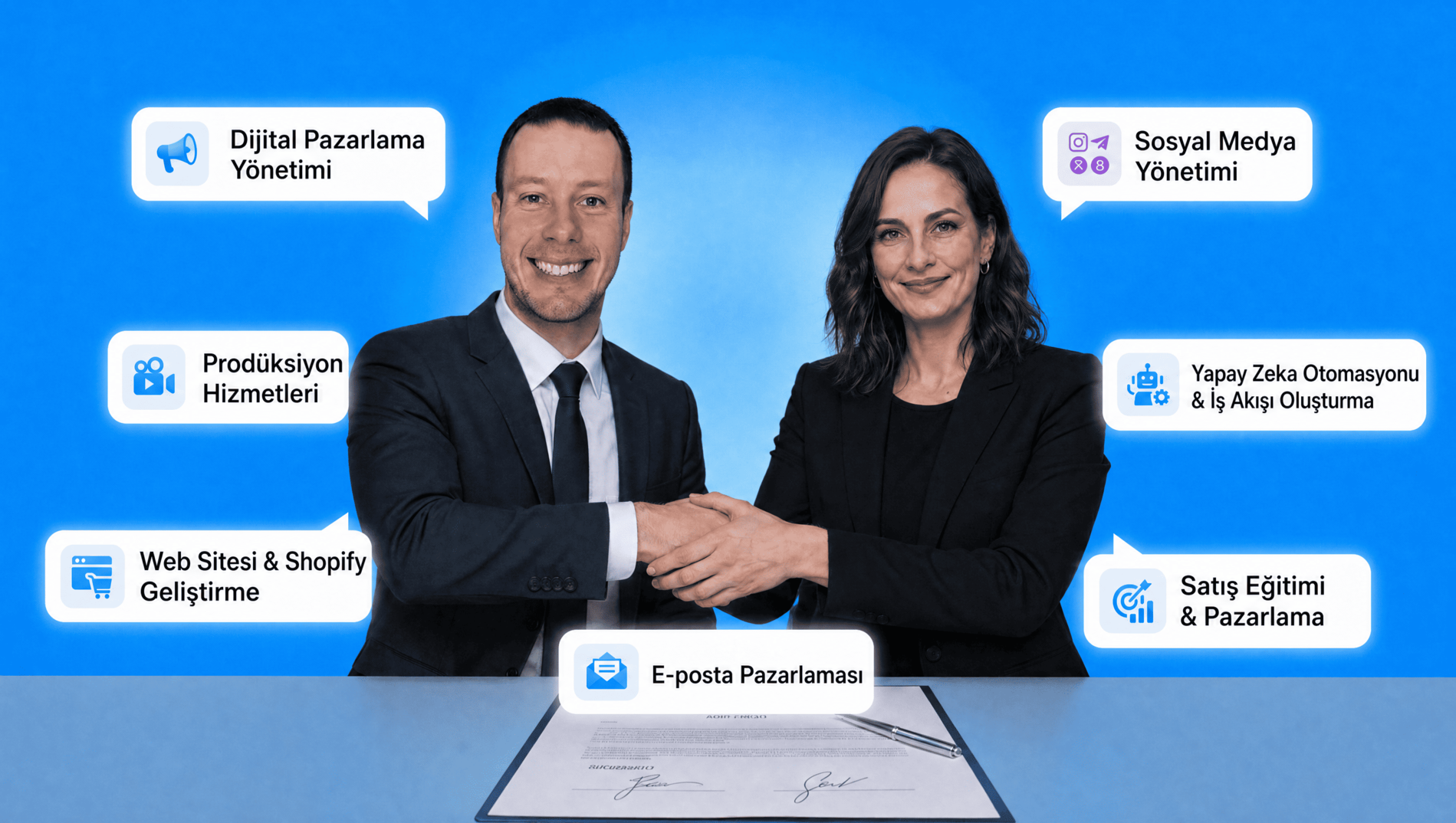 Two business professionals shaking hands over a signed contract, surrounded by 10x Dijital's seven core services