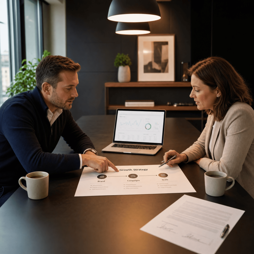 Two professionals reviewing a custom Growth Strategy document with Brand, Campaigns and Scale phases during a strategic consultation